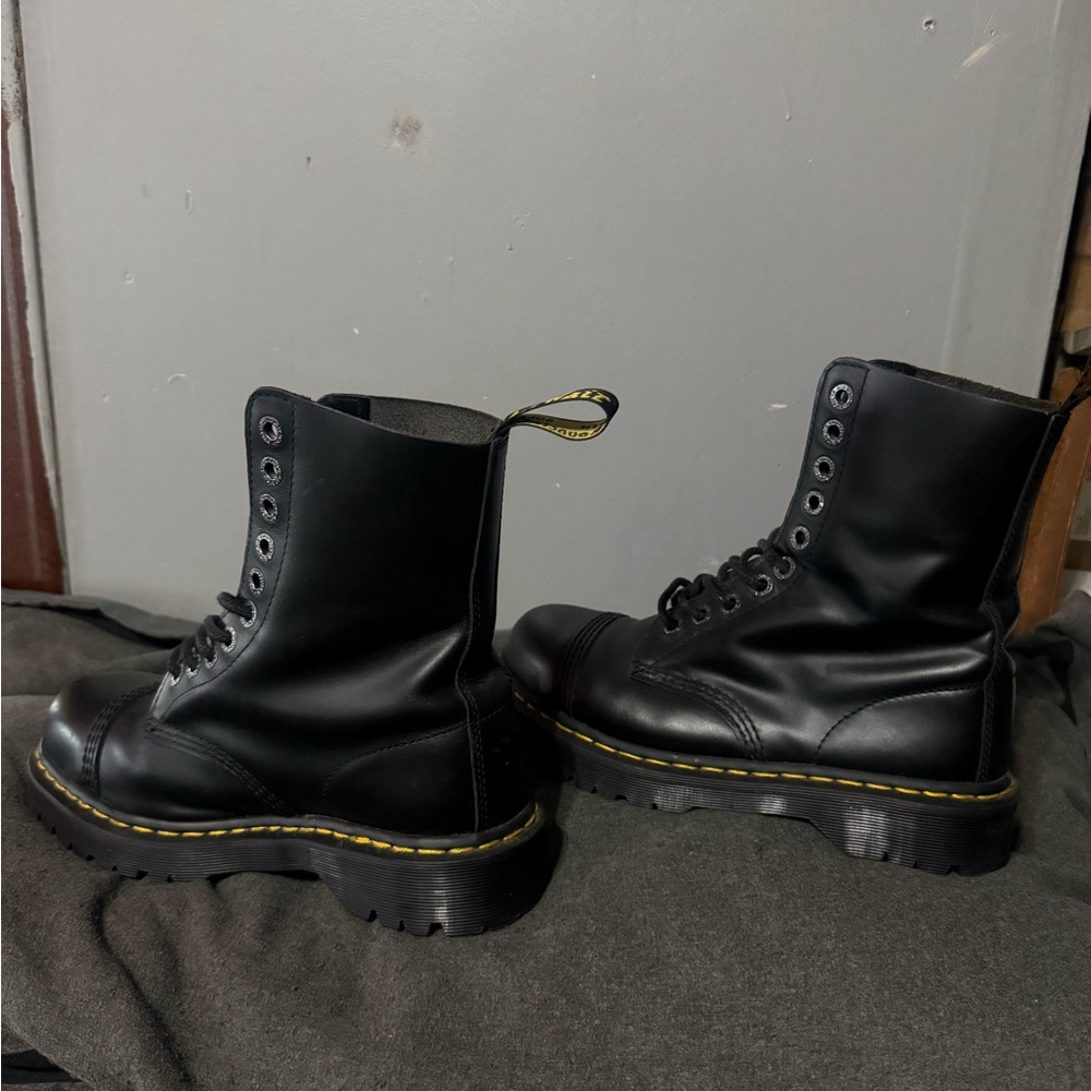 Dr. Martens 8761 Black Leather Lace-Up Ankle Boots with Yellow Stitching - Picture 3 of 5